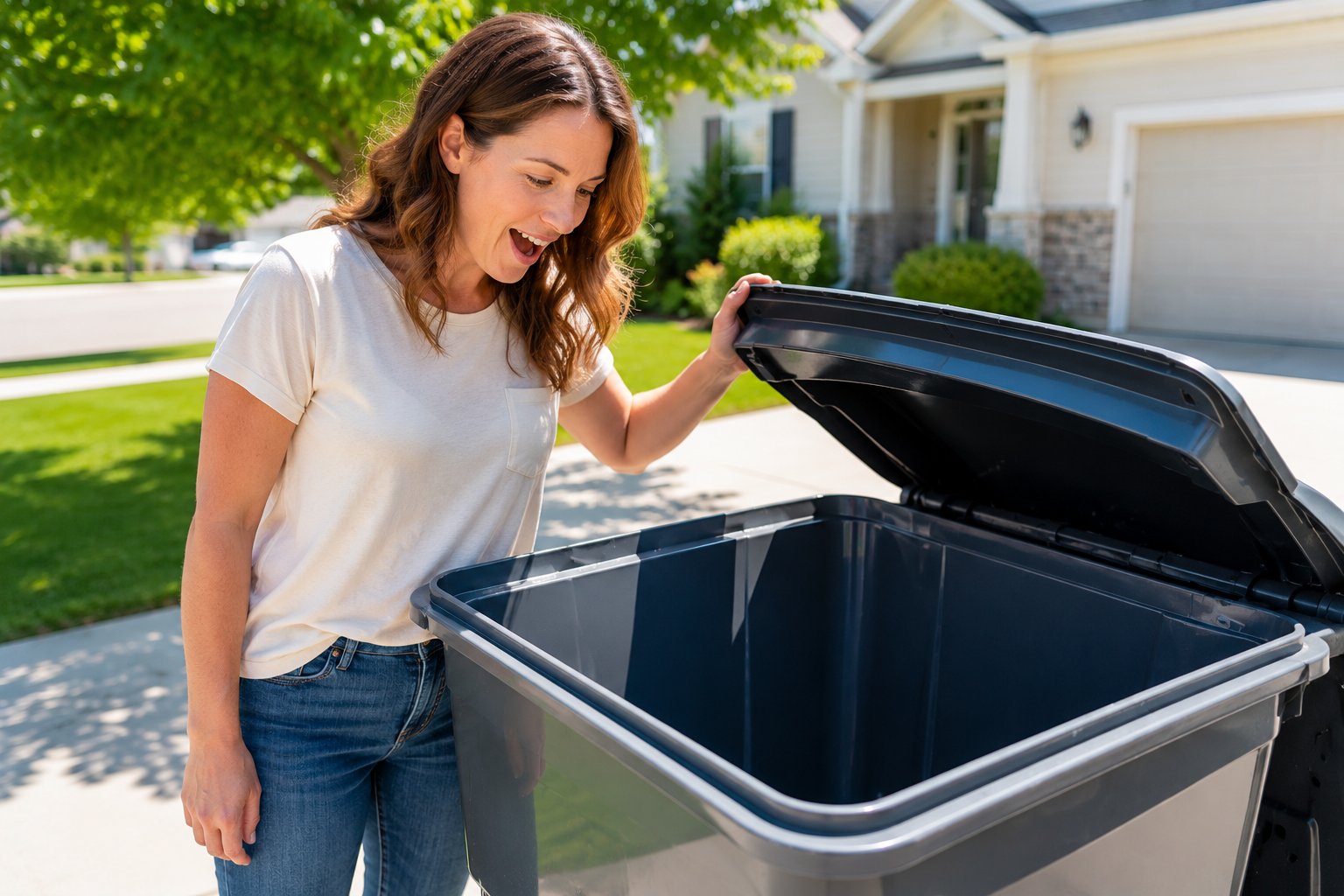 Happy homeowner delighted by her freshly cleaned bin
