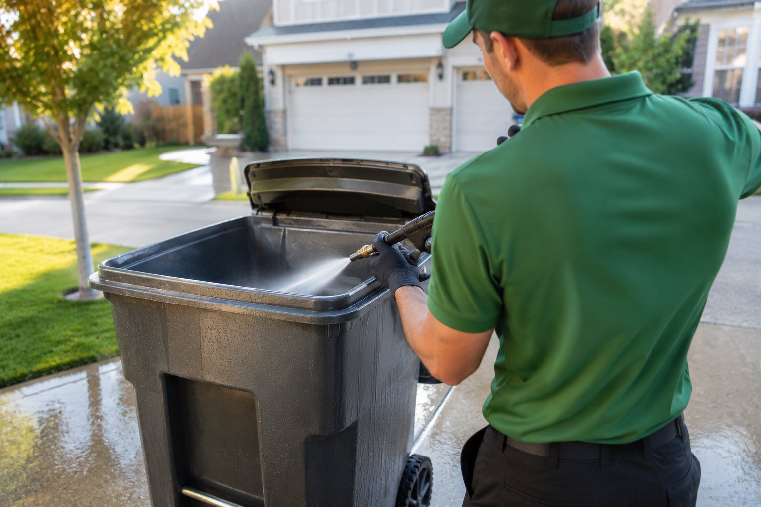 Binz technician pressure washing a trash bin on a driveway